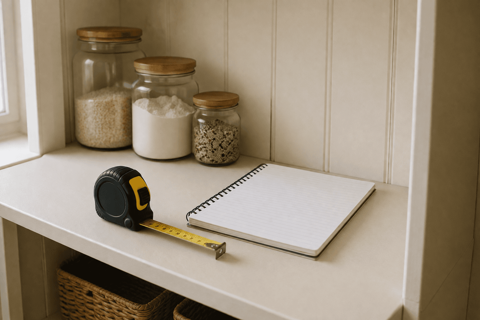 Measuring an empty pantry shelf with a tape measure and notebook