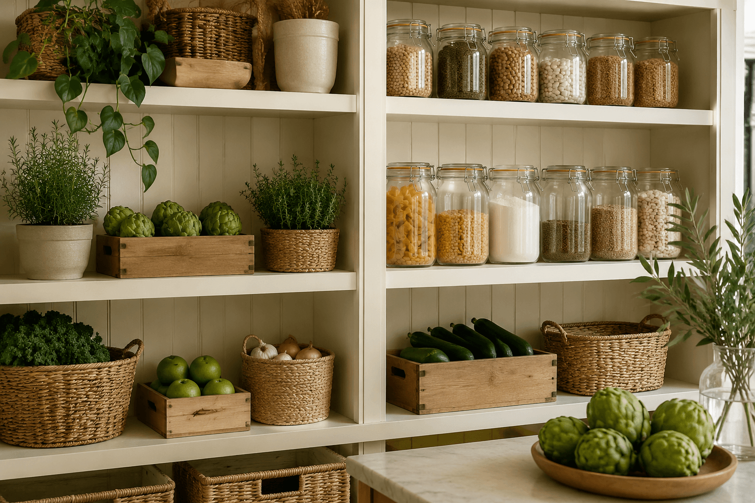 A tidy kitchen shelf market of glass jars, wooden crates, woven baskets and counter trays